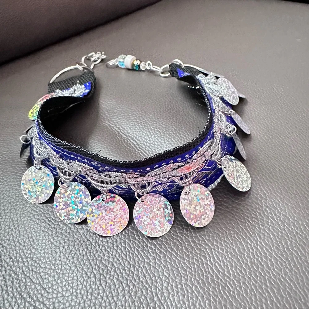 Festival Choker Necklace Handmade Navy + Silver Iridescent Sequin Coins Signed - Picture 14 of 15